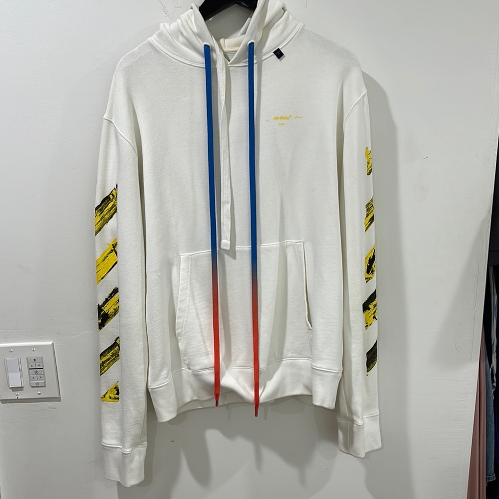 Off-White White and Yellow Striped Hoodie Sweatshirt